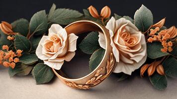 Golden wedding rings and flowers, close up. photo
