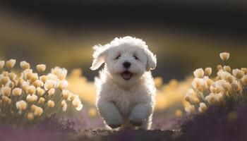 Happy white puppy among white flowers in nature. photo