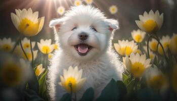 Happy white puppy among white flowers in nature. photo