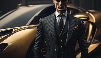 A Close-Up of a Rich Businessman Standing in Front of a Luxurious Supercar. photo