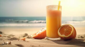Fresco jugo cóctel en un tropical playa en verano. generativo ai foto