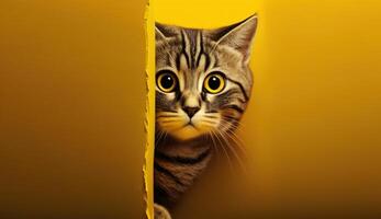 un sorprendido gato en un amarillo pared agujero. generativo ai foto