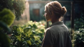 hermosa mujer cultiva su propio fresco, orgánico vegetales en un pequeño jardín. generativo ai foto