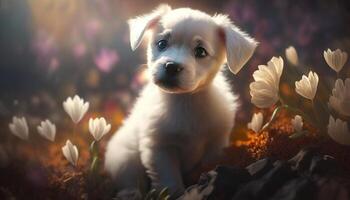 Happy white puppy among white flowers in nature. photo