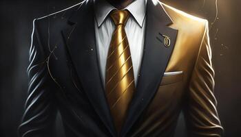 A Close-Up Silhouette of a Rich Businessman in Black and Gold Suit. photo