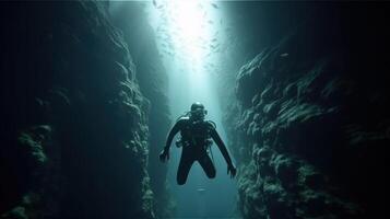 descubriendo el maravillas de el submarino mundo escafandra autónoma buzo exploración. generativo ai foto