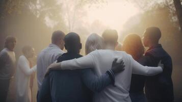 Multiracial and diversity concept. Diverse people hugging each other. photo