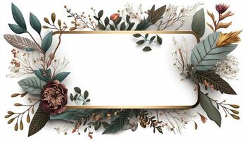 Flower Frame Surrounded With Foliage Twigs on white canvas background - photo