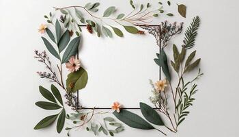 Flower Frame Surrounded With Foliage Twigs on white canvas background - photo