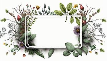 flor marco rodeado con follaje leña menuda en blanco lona antecedentes - generado ai foto