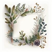 Flower Frame Surrounded With Foliage Twigs on white canvas background - photo