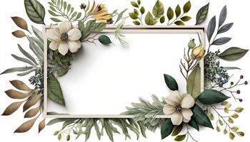 Flower Frame Surrounded With Foliage Twigs on white canvas background - photo