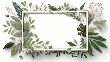 Flower Frame Surrounded With Foliage Twigs on white canvas background - photo