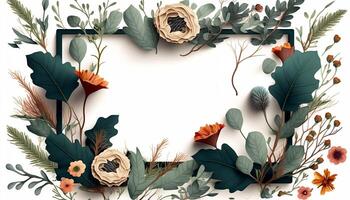 Flower Frame Surrounded With Foliage Twigs on white canvas background - photo