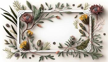 Flower Frame Surrounded With Foliage Twigs on white canvas background - photo