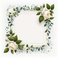 Blank White Square Frame Decorated with Flowers Around the Edges and Surrounded by Leaf Branches Background photo