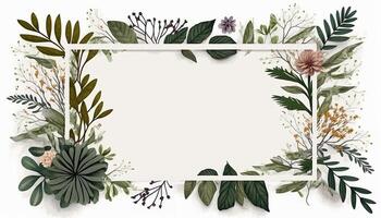Rectangular Rose Flower Frame Surrounded With Twigs of Foliage in Aesthetic Style Background - photo