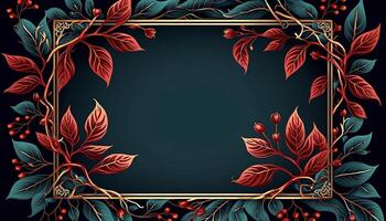 Rectangular Rose Flower Frame Surrounded With Twigs of Foliage in Aesthetic Style Background - photo