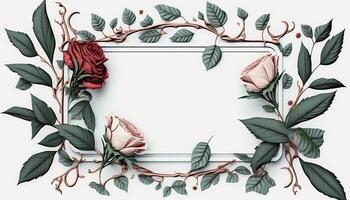 Rectangular Rose Flower Frame Surrounded With Twigs of Foliage in Aesthetic Style Background - photo