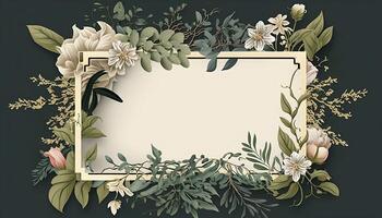 Rectangular Rose Flower Frame Surrounded With Twigs of Foliage in Aesthetic Style Background - photo