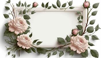 Rectangular Rose Flower Frame Surrounded With Twigs of Foliage in Aesthetic Style Background - photo