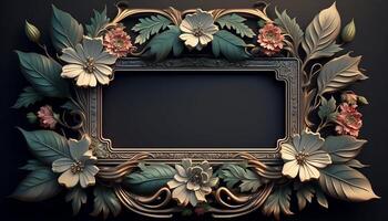 rectangular Rosa flor marco rodeado con leña menuda de follaje en estético estilo antecedentes - generado ai foto