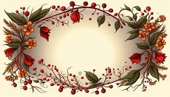 Rectangular Rose Flower Frame Surrounded With Twigs of Foliage in Aesthetic Style Background - photo