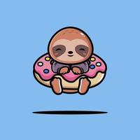 Cute sloth hug big doughnut cartoon vector