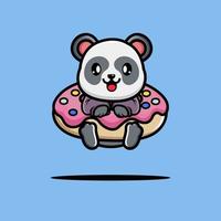 Cute panda hug big doughnut cartoon vector