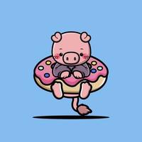 Cute pig hug big doughnut cartoon vector