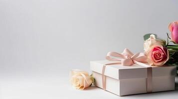saludo tarjeta con flor y regalo caja. ilustración ai generativo foto