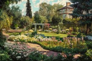 Summer garden in the style of impressionism painting Illustration AI Generativ photo