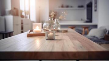 Wood table in modern interior. Illustration photo