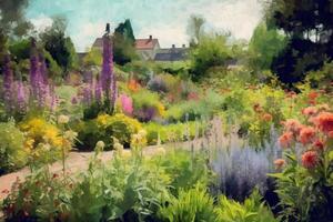 Summer garden in the style of impressionism painting Illustration AI Generativ photo