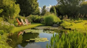 estanque en el verano jardín. ilustración ai generativo foto