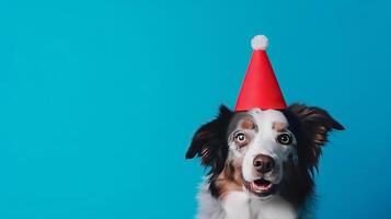 Cute dog in birthday cap. Illustration photo