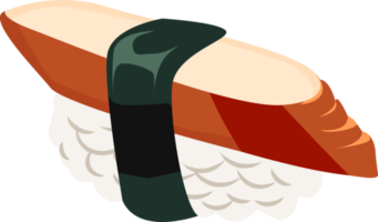 unagi sushi, type of maki or rolled sushi, rice topped with cooked grilled eel on top and wrapped in nori seaweed sheet png