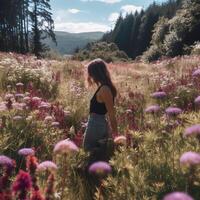 silueta de un joven mujer con un largo pelo en un campo de verano flores a puesta de sol. generativo ai foto
