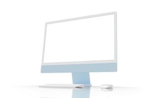 Modern blue computer display on desk with keyboard and mouse beside. Isolated screen and background for mockup photo