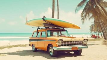 Old car with surf board. Illustration photo