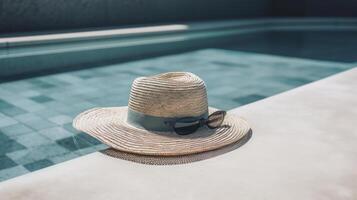 Summer hat and pool. Illustration photo