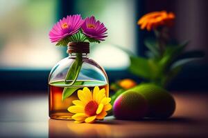 Gerbera flowers in vase adorned in beautiful colors vintage used as background photo