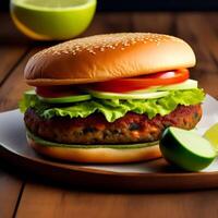 Photo food for fast food in form of delicious hot homemade burger with meat cutlet and vegetables