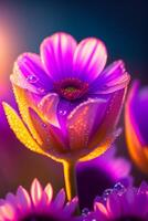 Purple flowers with dew drops photo