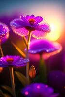Purple flowers with dew drops photo