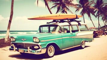 Old car with surf board. Illustration photo