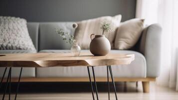 Wood table in modern interior. Illustration AI Generative photo