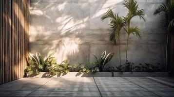 Empty background with wall and tropical leaves. Illustration AI Generative photo