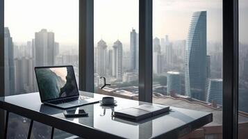 Modern working desk against big window in big city. Illustration photo