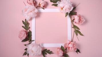 Pink frame with peony flower. Illustration photo